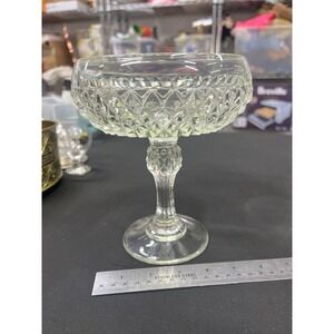 Vintage INDIANA GLASS Clear Cut Diamond Point Pedestal Candy Dish Compote 7-1/4"